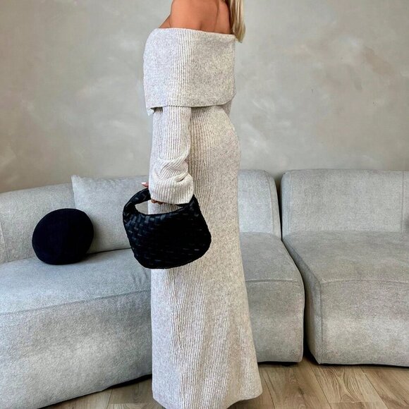 Khaki Elegant Women's Solid Color Long Sleeve Off Shoulder Casual Dress - Picture 4 of 6